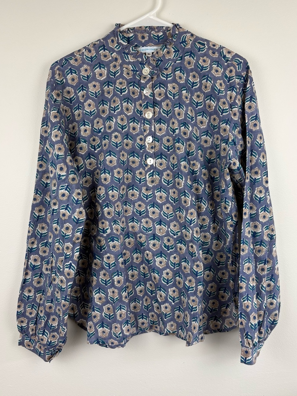 Le Bazar Coastal Floral 100% Cotton Blouse XL EUC Boho Chic Cottagecore Nature